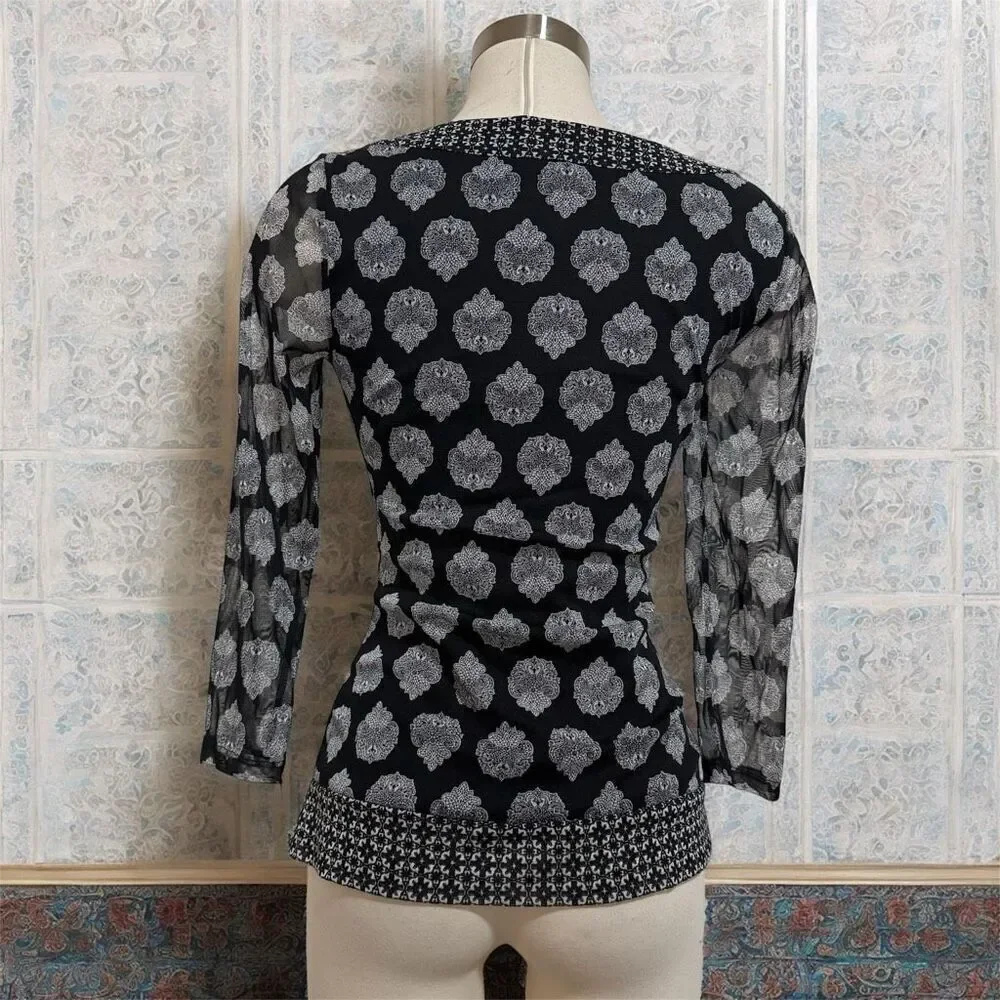 Inc International Concepts Black Paisley Floral Boho Blouse Top Medium